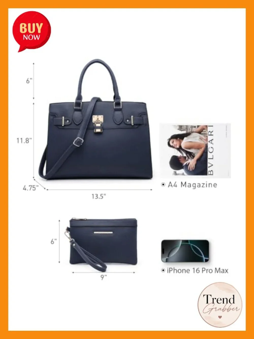 Vegan Leather Top Handle Satchel Tote Work Bag with Matching Clutch